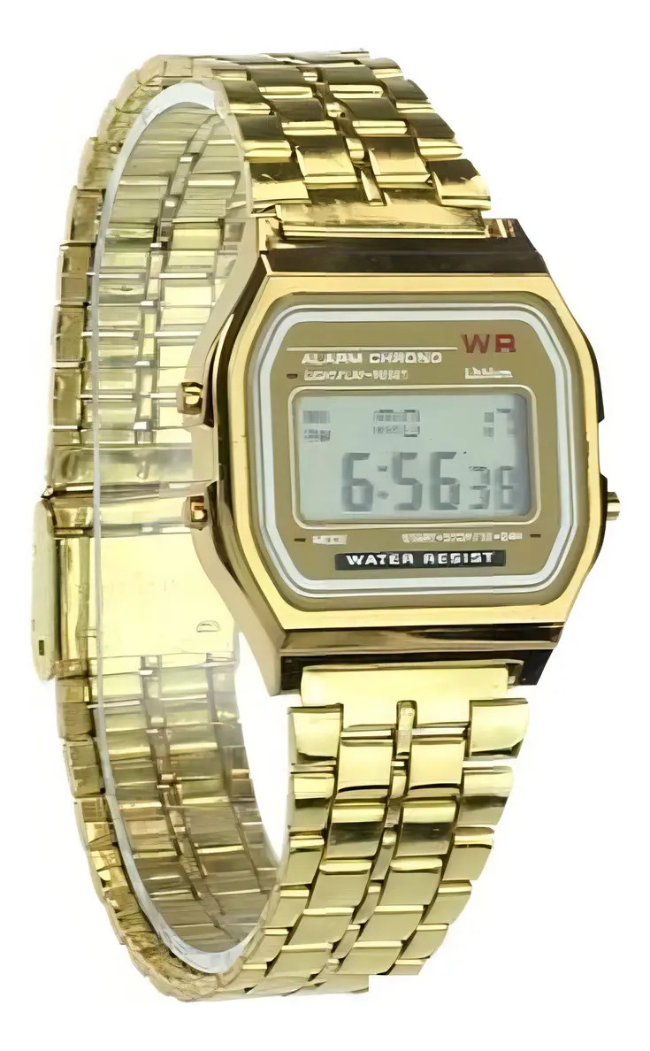 Relógio Digital Unissex Wr Steel Vintage em Aço Inox Dourado com Alarme e Retroiluminação