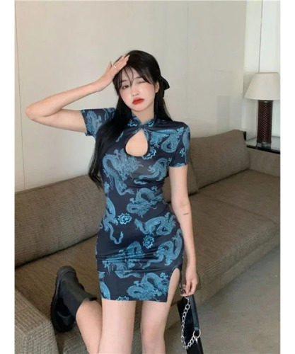 Minivestido Qipao Feminino De Verão Com Estampa De Dragão