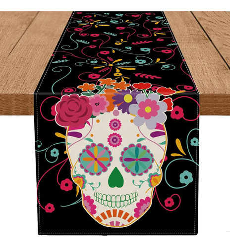 Camino De Mesa Del Día De Los Muertos Con Diseño De Calavera