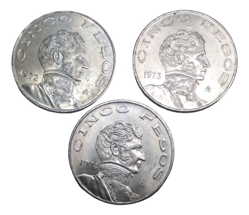 Monedas 5 Pesos Iturbide  3 Piezas Nuevas Años 1972, 73 Y 74