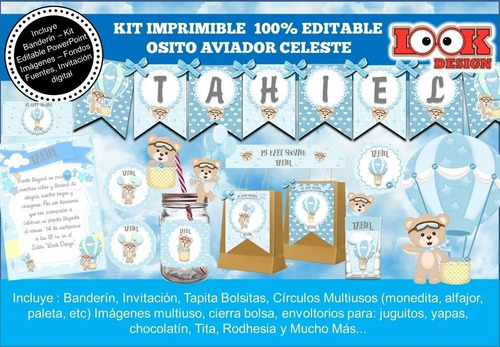 Kit Imprimible Candybar Osito Aviador Celeste 100% Editable