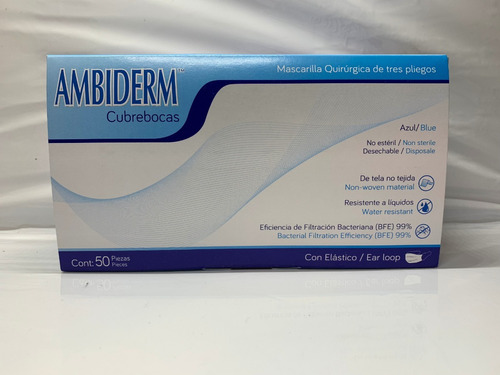 Cubrebocas Ambiderm Plisado Tricapa Azul Caja 50 Pz