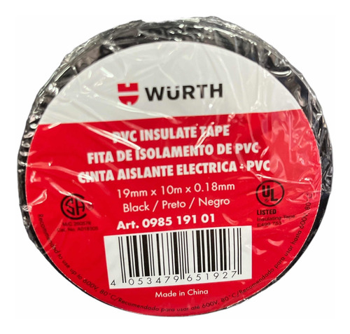 Imagen 2 de 2 de Pack 3 Cinta Aislante Aisladora Wurth 19mm 10m 0,18mm