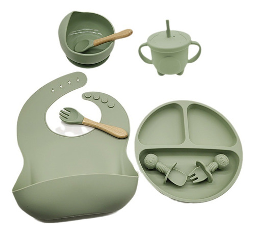 Fashion Kit 8 Introdução Alimentar Silicone Talheres De Bebê Prato Babador Cor Verde