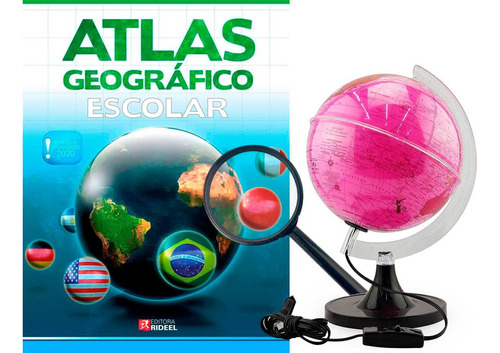 Kit Globo Rosa Terrestre 21cm Led Profissional + Lupa Atlas