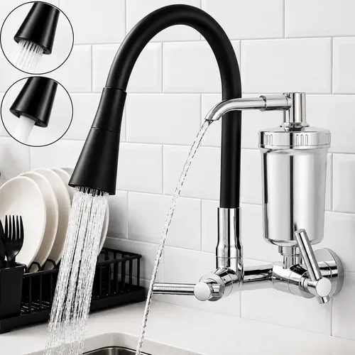 Torneira Gourmet Com Filtro Purificador De Água Flexível Pia Cozinha Bica De Parede 2 Jatos Cor Preto Linha Premium - Marca Camperluz Preto ( Parede C/ Filtro ) Cromado