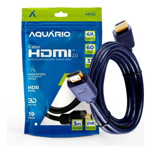 Cabo Hdmi 3m 2.0 19 Pinos Ethernet 3 Metros 4k Ultra Hd 3d