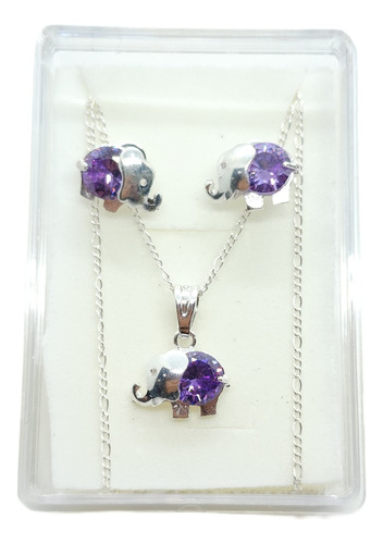 Collar De Elefante Zirconia Morada De Plata 925 +aretes Ce2