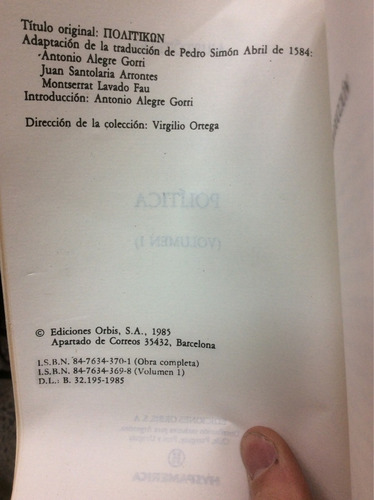 Politica - Aristóteles - 2 Tomos - Filosofia - De 1985