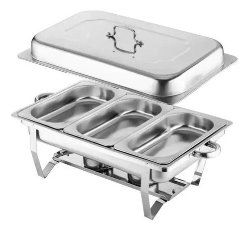 Rechaud Retangular Inox 3 Cubas Gn 1/3 X 65 Mm 9 Litros Buffet Self Service Banho Maria Com Alça E Tampa Removível