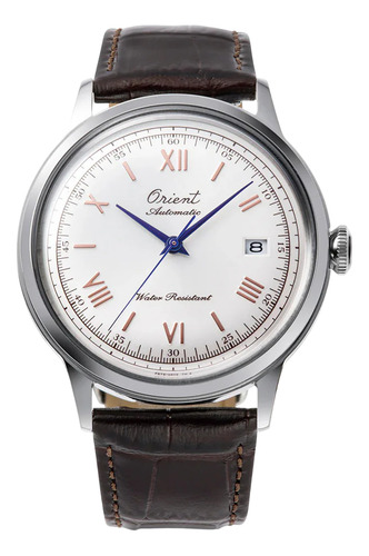 Relógio Orient Bambino Automático Limited Ra-ac0027s30b Correia Nobuk Bisel Prateado Fundo Branco
