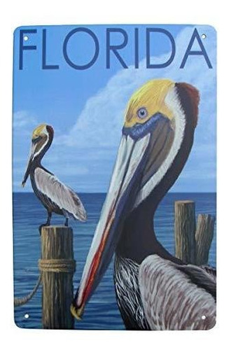 Cartel Metálico De Pelícano De Florida Para Casa De Playa