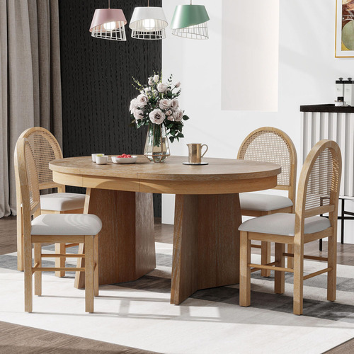 Juego De Mesa De Comedor Redonda Extensible De 5 Piezas 58 A