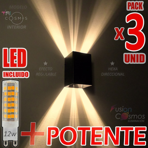 Aplique Pared Interior 9 Fx Rayos C/ Potente Led 12w Pack X3