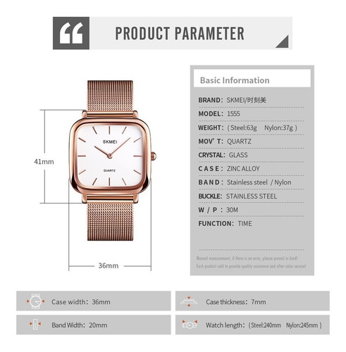 Skmei 1555 Simples Quadrado Mostrador Feminino Relógio De Pu