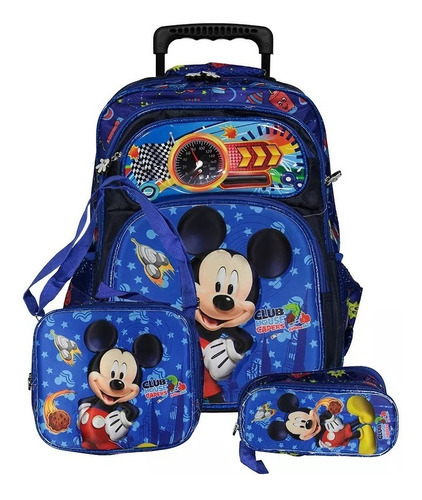 Kit Mochila Infantil Escolar Mickey Mouse Disney Jr Rodinhas Cor Azul