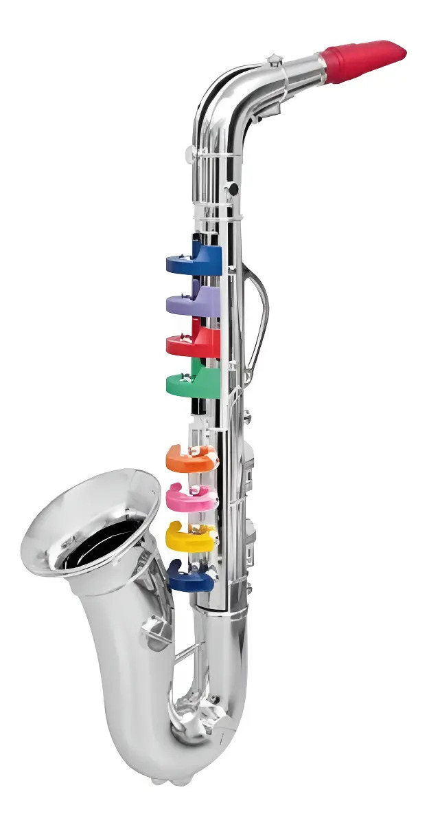 Saxofón Juguete Instrumento Musical de Viento Para Niños Fantastic Toys Plateado Brillante 8 Teclas Codificadas Por Colores Fomenta la Creatividad y Aprendizaje Musical Hecho de Pl