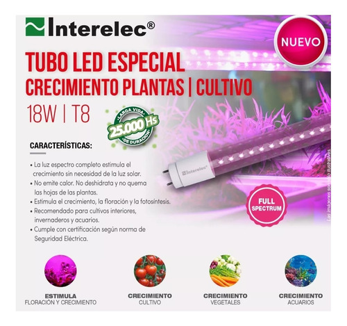 Imagen 2 de 4 de Tubo Led 18w Interelec Crecimiento Cultivo Grow Indoor 120cm