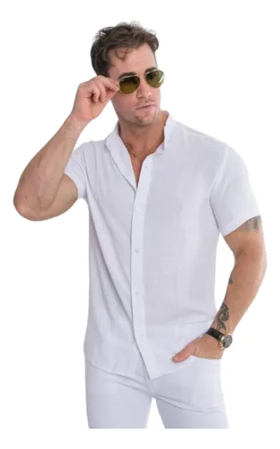 Camisa-Hombre Cuello Mao Lino Manga Corta