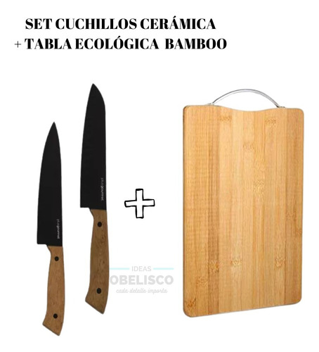 Set Asado Tabla Picar 40cm +2 Cuchillo Ceramica Profesional