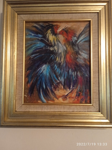 Cuadro Óleo Original Julián Bustillos Pintor De Gallos .