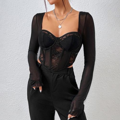 Blusa Crop Top Campesina Corset Encaje Malla Manga Larga