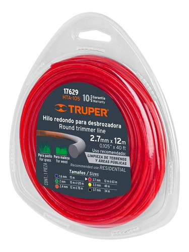 Rollo De Hilo Para Desbrozadora, 2.7 Mm X 12 M, Truper Color Rojo