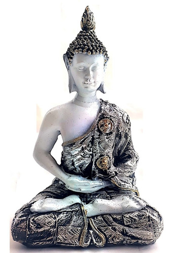 Figura Buda Siddharta Blanco Túnica Plateada Dorada 16x10 Cm