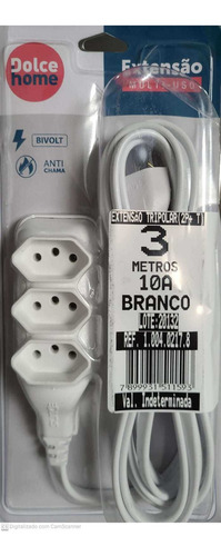 Extensão Tripolar 2p+t 127/220V 3 Metros Branco 10a Dolce Home