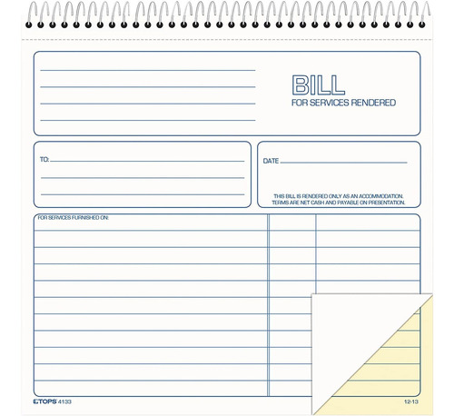 Tops 2part Carbonless Bill For Services Rendered Book, ...