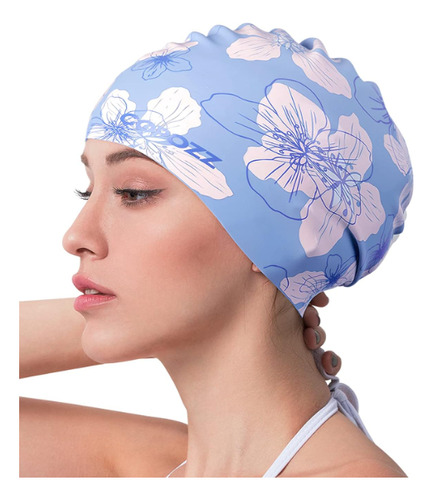 Gorro Para Natación Copozz, De Silicona, Azul Con Flores