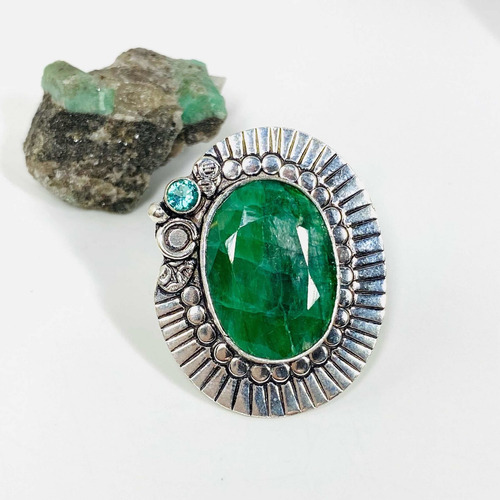 Imagen 3 de 8 de Anillo Plata India Esmeralda Facetada Y Topacio Azul N15- Ae
