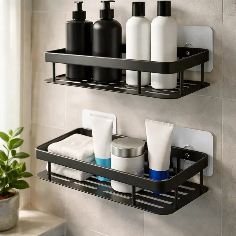 Kit 2 Suporte Porta Shampoo Sabonete Prateleira Banheiro Adesivo Parede Sem Furar Box Luxo Cor Preto Aço Inoxidável Sublimente