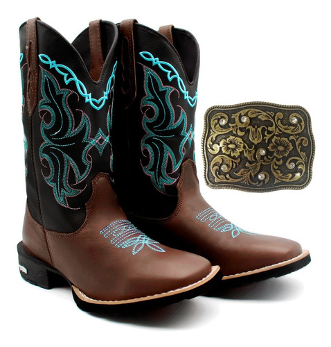 Bota Texana Cowgirl Bordada Cruz Azul Café Com Brinde