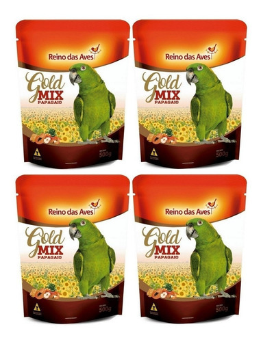 Kit 4un Ração Gold Mix Premium Papagaio 500g Reino Das Aves