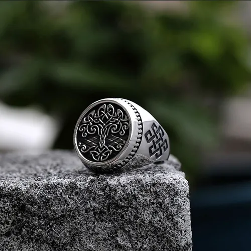 Anillo Vikingo Hombre Arbol De La Vida Silver Gold Space