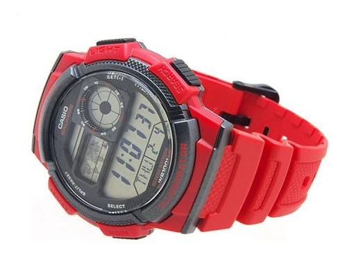 Reloj de pulsera Casio Youth Series AE-1000 de cuerpo color rojo, digital, para hombre, fondo negro, con correa de resina color rojo, dial negro, subesferas color gris, minutero/segundero negro, bisel color negro, luz ámbar y hebilla simple