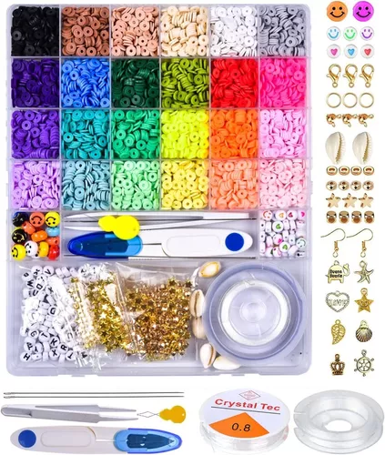 Contas de argila para fabricação de joias – contas de argila de polímero  plana de 6 mm com contas do alfabeto e mais – Kit de fabricação de  pulseiras com tudo incluído