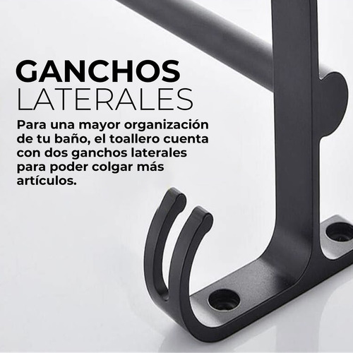 Toallero De Baño Doble Barra Desnivel Con Gancho Negro
