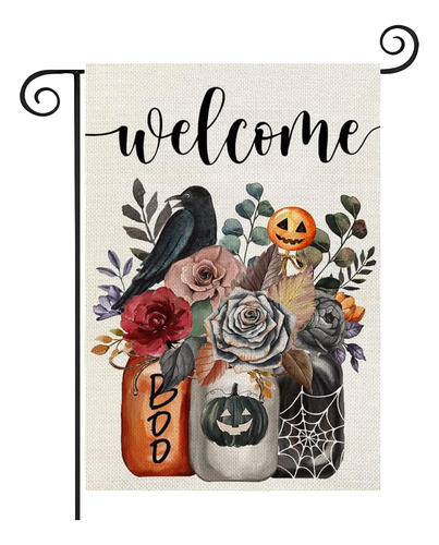 Bienvenido Halloween Skull Rose Jarron 12 X 18 Pulgadas Cara