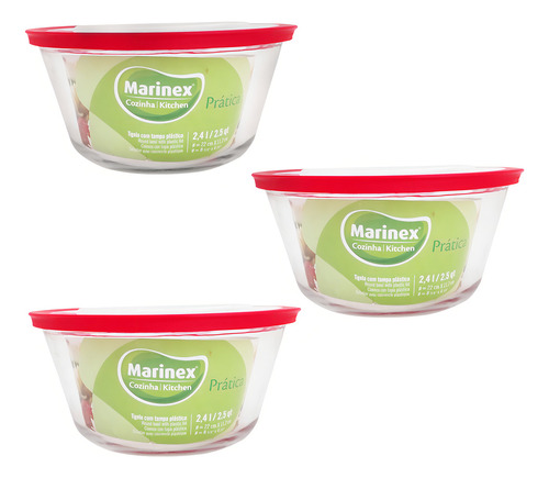 Kit 3 Potes De Vidro Redondo Com Tampa Plástica 2,4l Cozinha