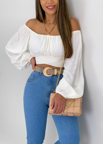 Blusa Crop Top Campesina Dama Casual Hombros Descubiertos