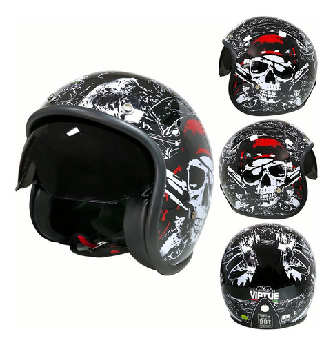 Casco Retro Vintage Scooter-calavera Negra