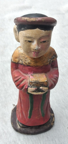Antiguo Personaje Chino Policromatico, Siglo Xix, Madera (Usado)