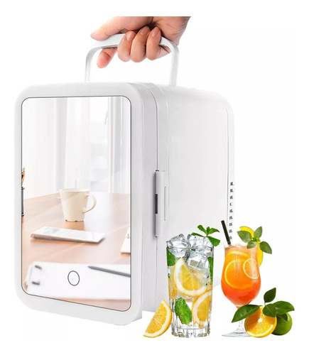 Mini Refrigerador Con Luz Led Y Espejo Portatil Blanco 4 L