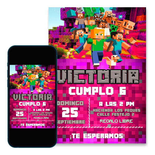 Invitación Digital Minecraft + Regalo Formato De Impresión