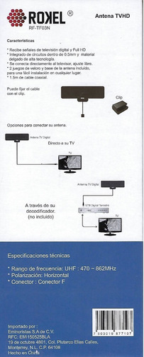 Imagen 2 de 4 de Antena Interior Rf-tf03n Para Televisión Hd Nueva Y Sellada