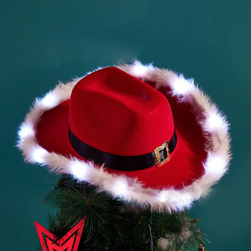 Sombrero De Vaquero Rojo Con Plumas De Decoración Navideña C