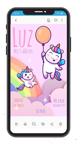 Tarjeta Digital Imprimible Unicornio Cumple Personalizada