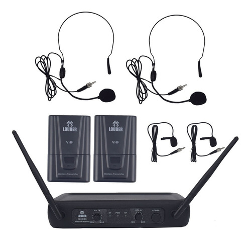 Set 2 Microfonos Diadema O Solapa Inalambricos Vhf Color Negro